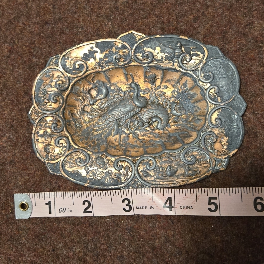 Antique Copper Overlay Dish Asian-influenced Design Patina